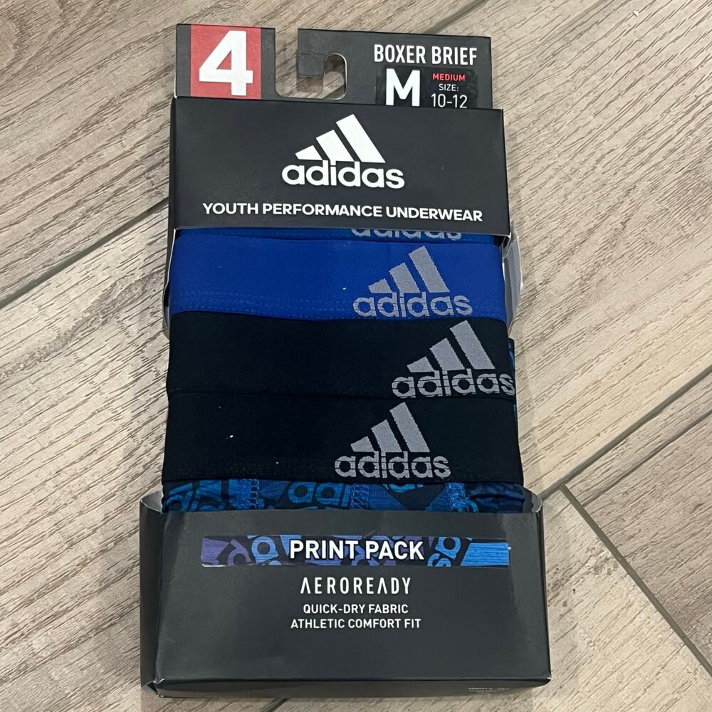 ADIDAS 4-PACK YOUTH AEROREADY BLACK/BLUE PRINT BOXER BRIEFS SIZE MEDIUM (10-12)